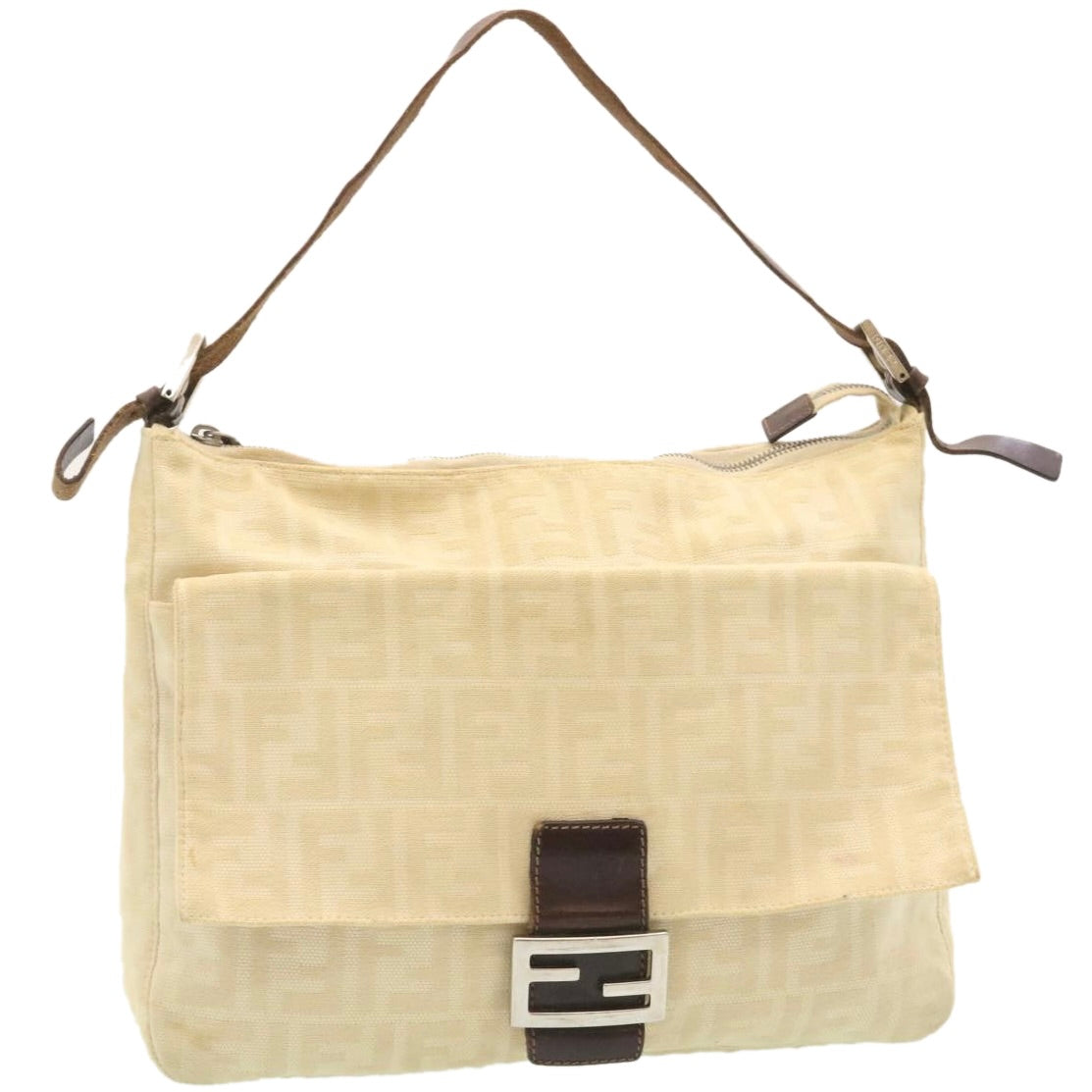 FENDI Zucca Canvas Mamma Baguette Shoulder Bag Beige Auth am2225g