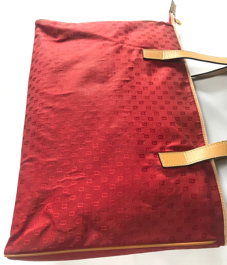 FENDI Vintage red logo jacquard fabric large shopper tote bag with brown leather handles