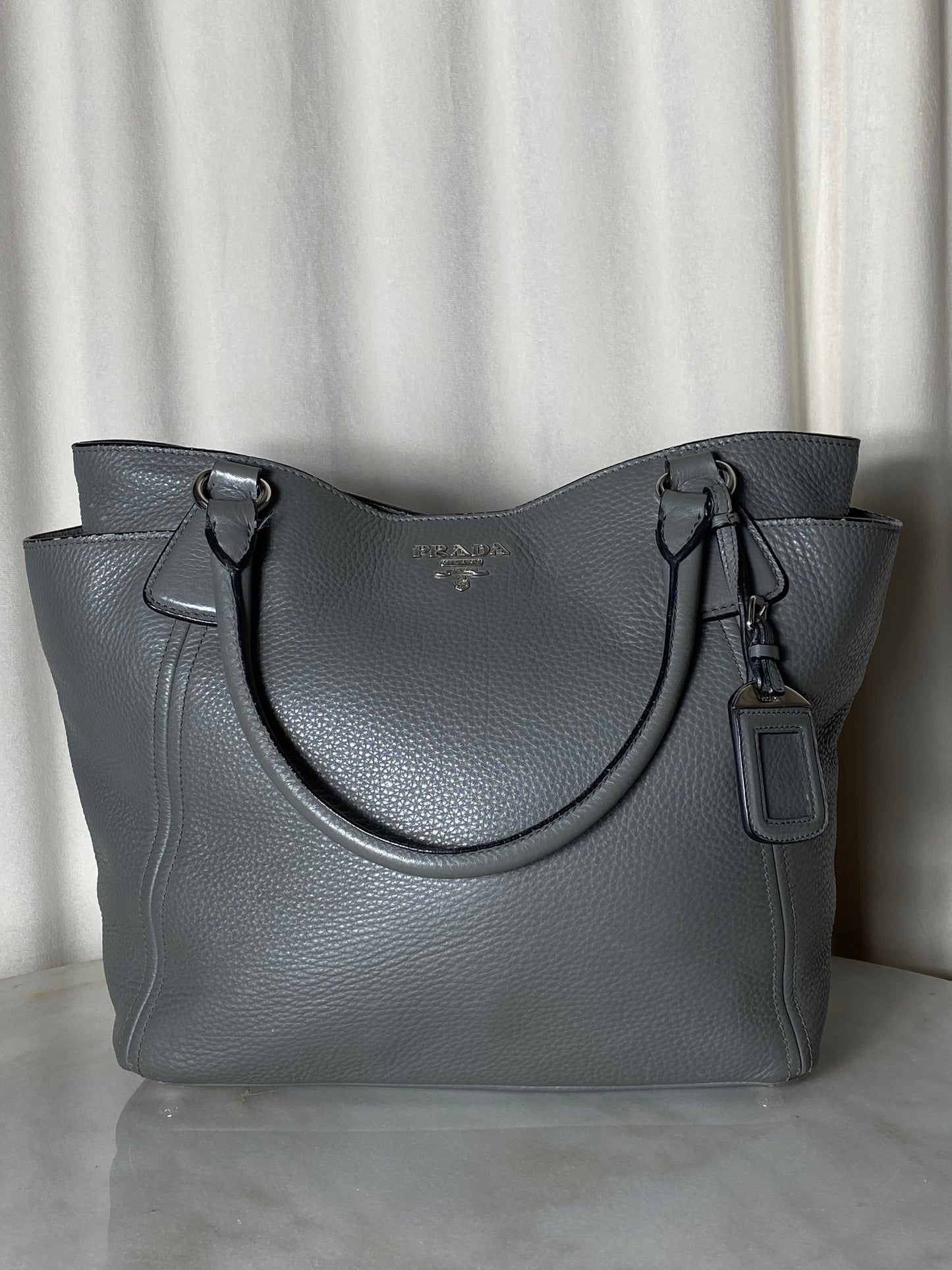 Prada Grey Vitello Daino Tote Bag W/ Charm