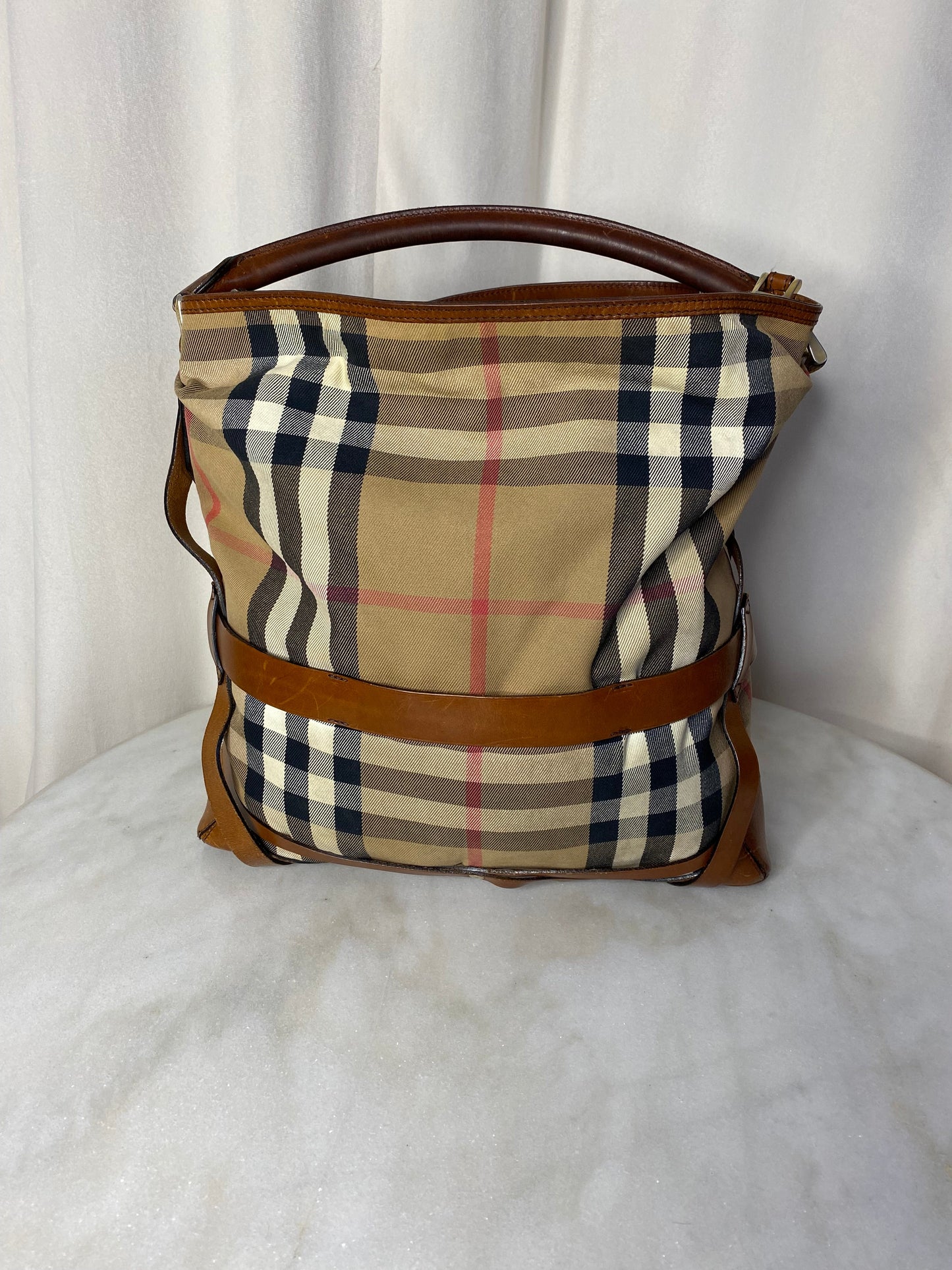 Burberry Camel Bridle House Check Top Handle Bag