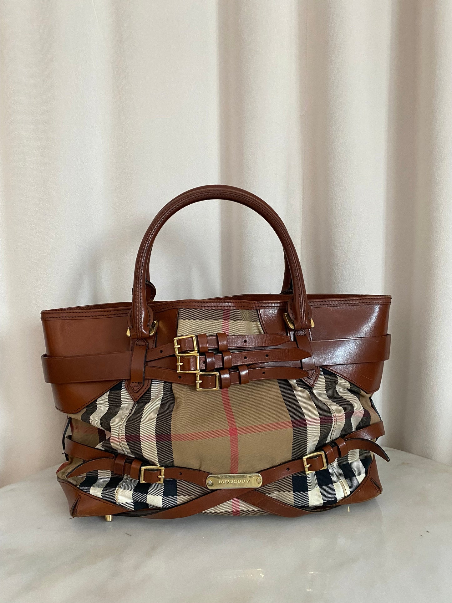 Burberry Camel Lynher Bridle House Check Top Handle Bag