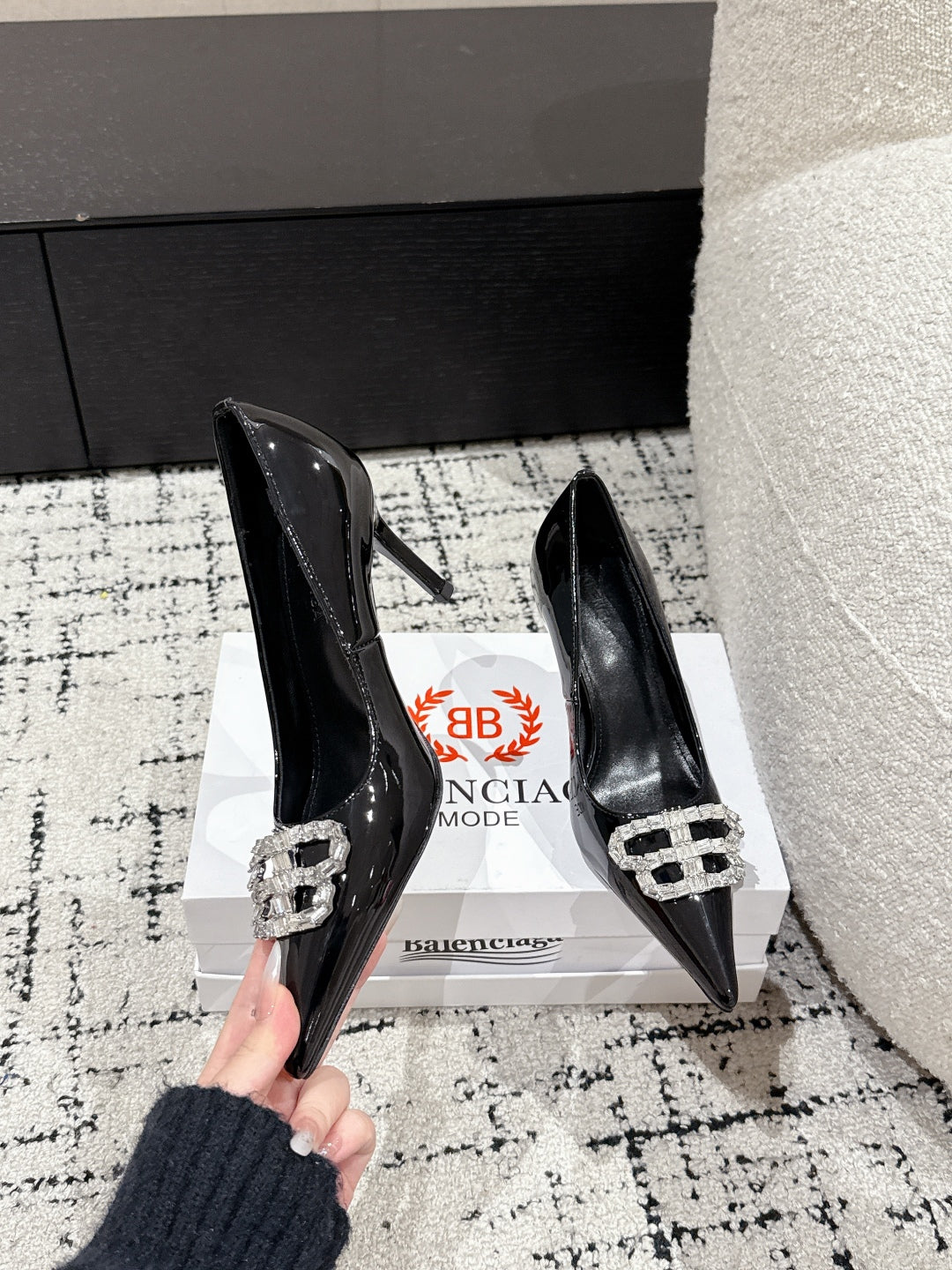 Balanciaga POINTED HIGH PUMPS IN BLACK PATENT CALFSKIN WITH CRYSTAL BUCKLE