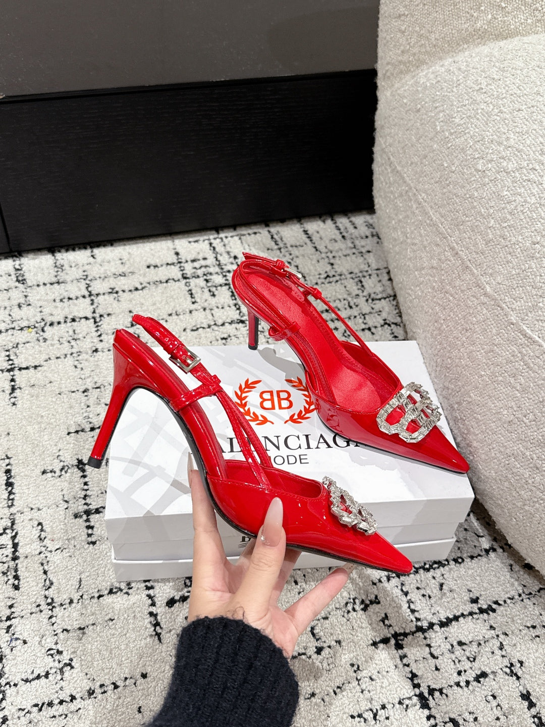 Balanciaga POINTED HIGH SLINGBACK IN RED PATENT CALFSKIN WITH CRYSTAL BUCKLE