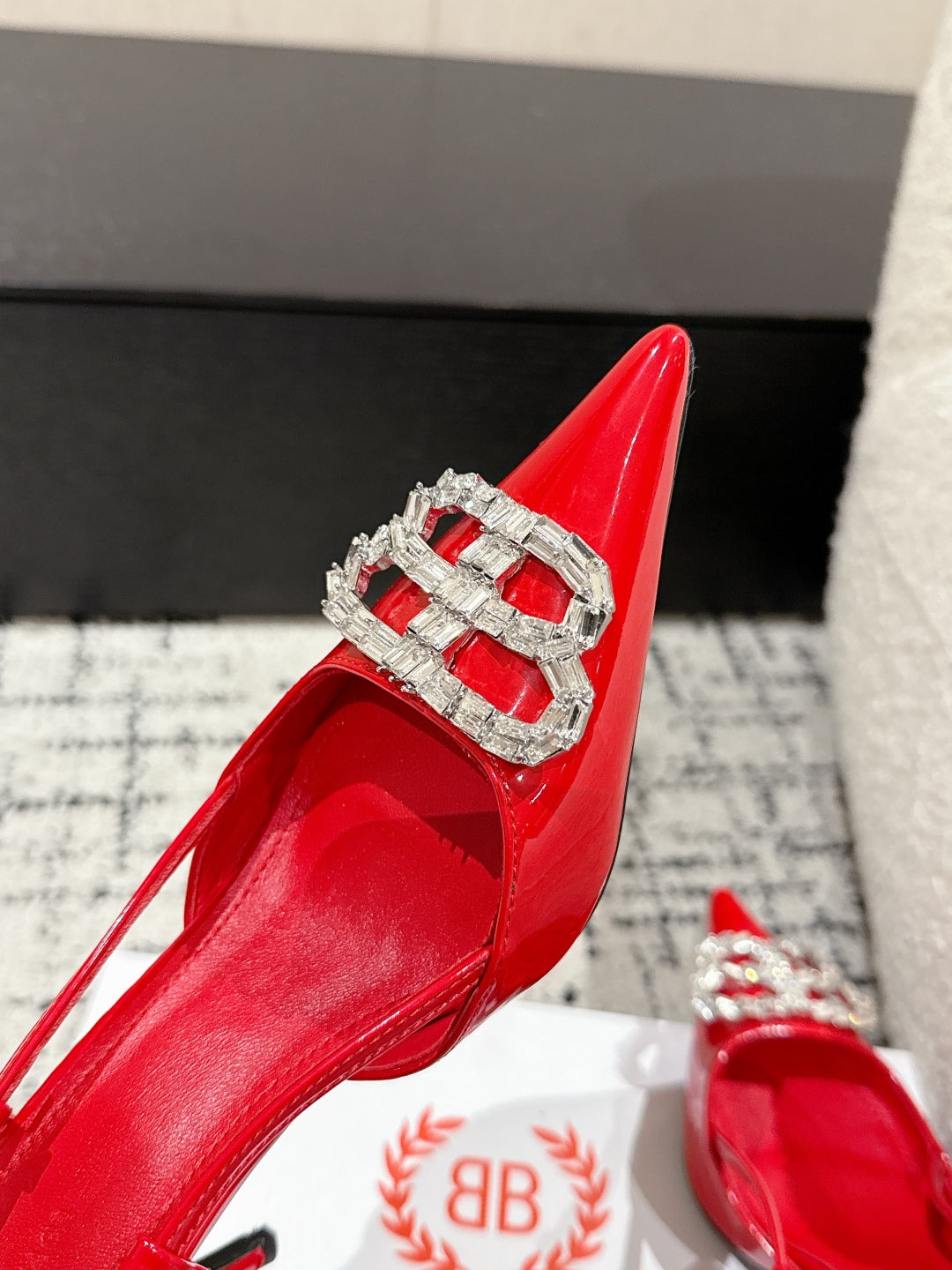 Balanciaga POINTED HIGH SLINGBACK IN RED PATENT CALFSKIN WITH CRYSTAL BUCKLE