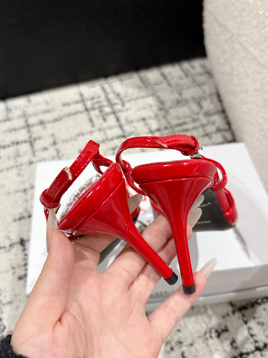 Balanciaga POINTED HIGH SLINGBACK IN RED PATENT CALFSKIN WITH CRYSTAL BUCKLE