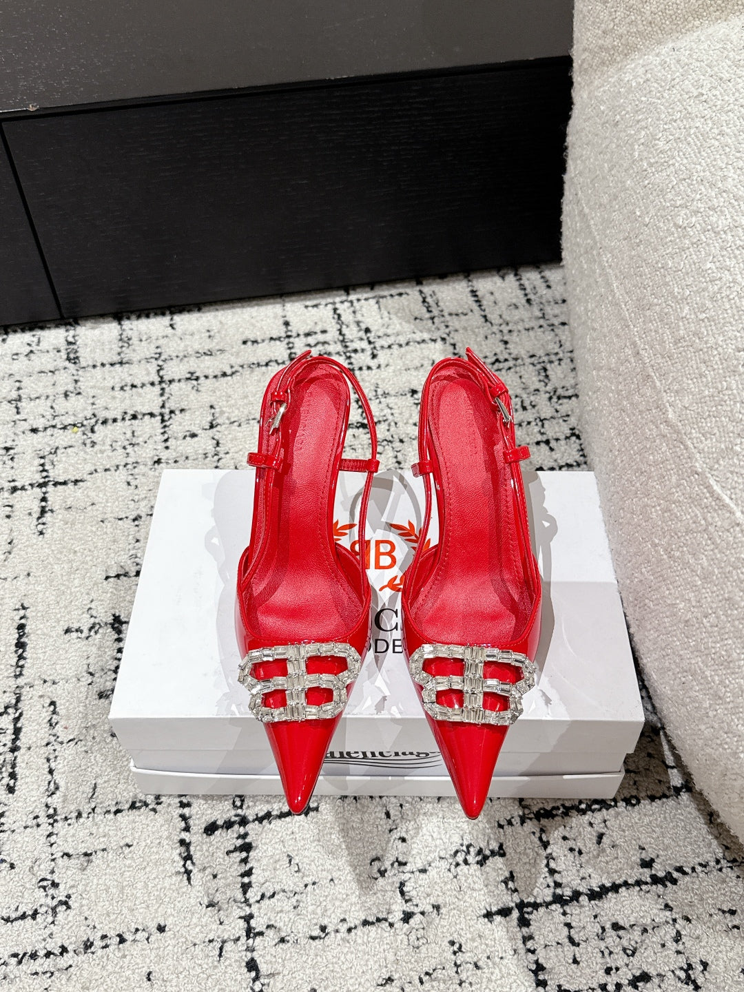 Balanciaga POINTED HIGH SLINGBACK IN RED PATENT CALFSKIN WITH CRYSTAL BUCKLE