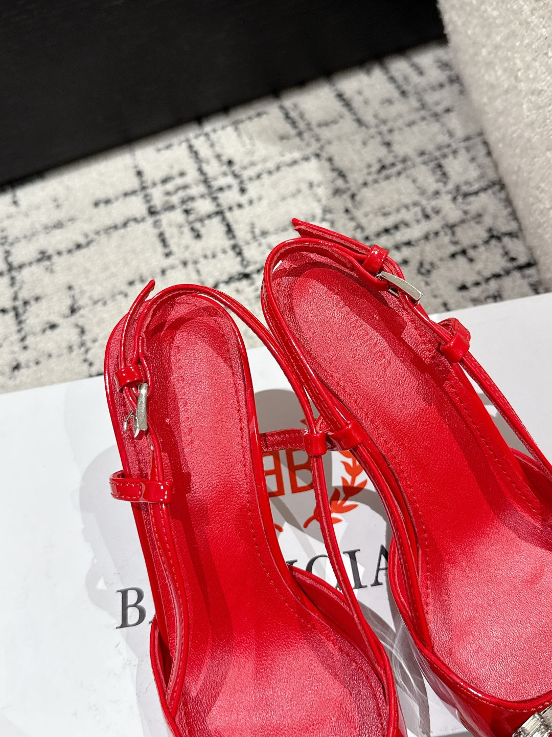 Balanciaga POINTED HIGH SLINGBACK IN RED PATENT CALFSKIN WITH CRYSTAL BUCKLE