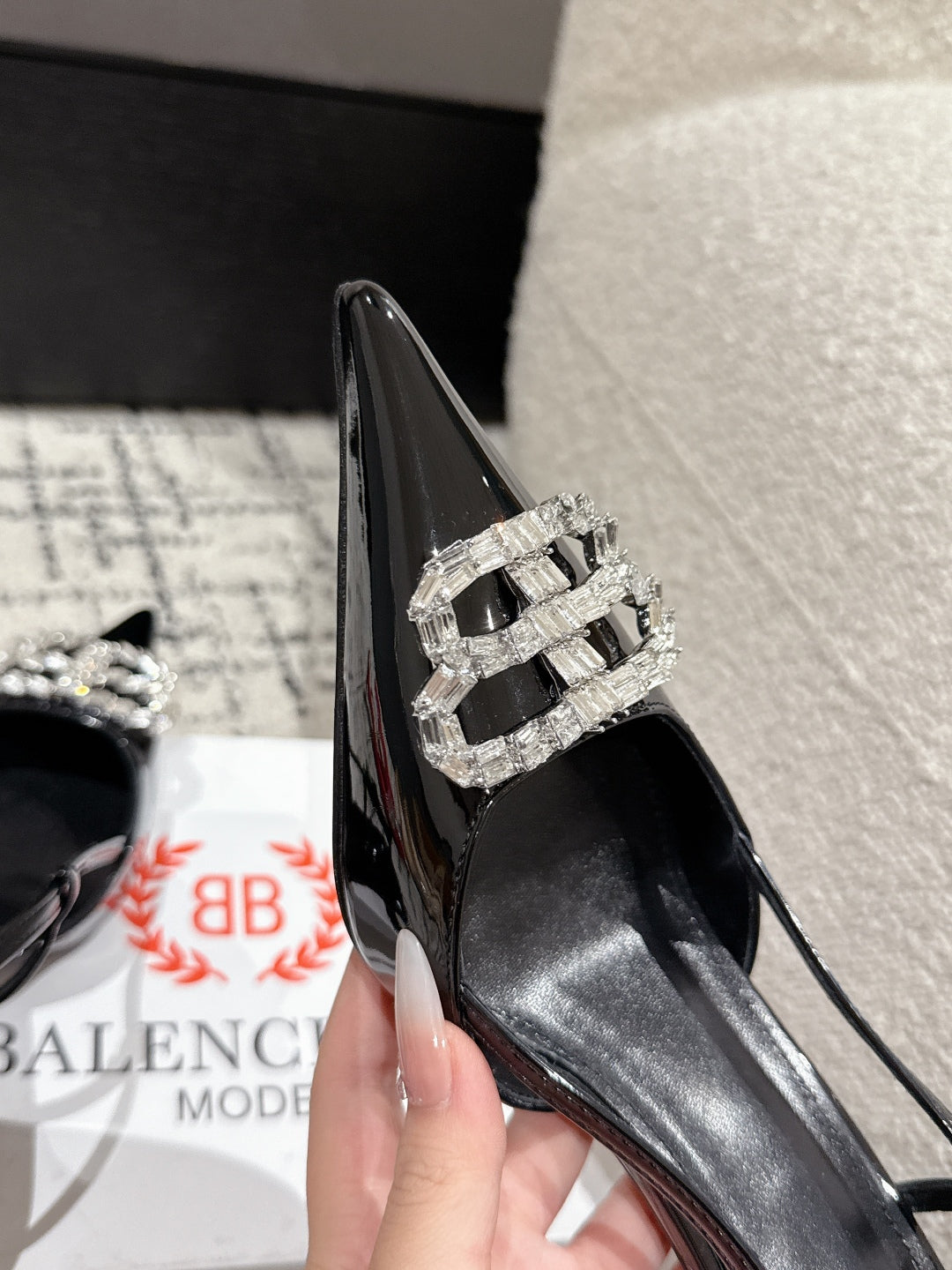 Balanciaga POINTED HIGH SLINGBACK IN BLACK PATENT CALFSKIN WITH CRYSTAL BUCKLE