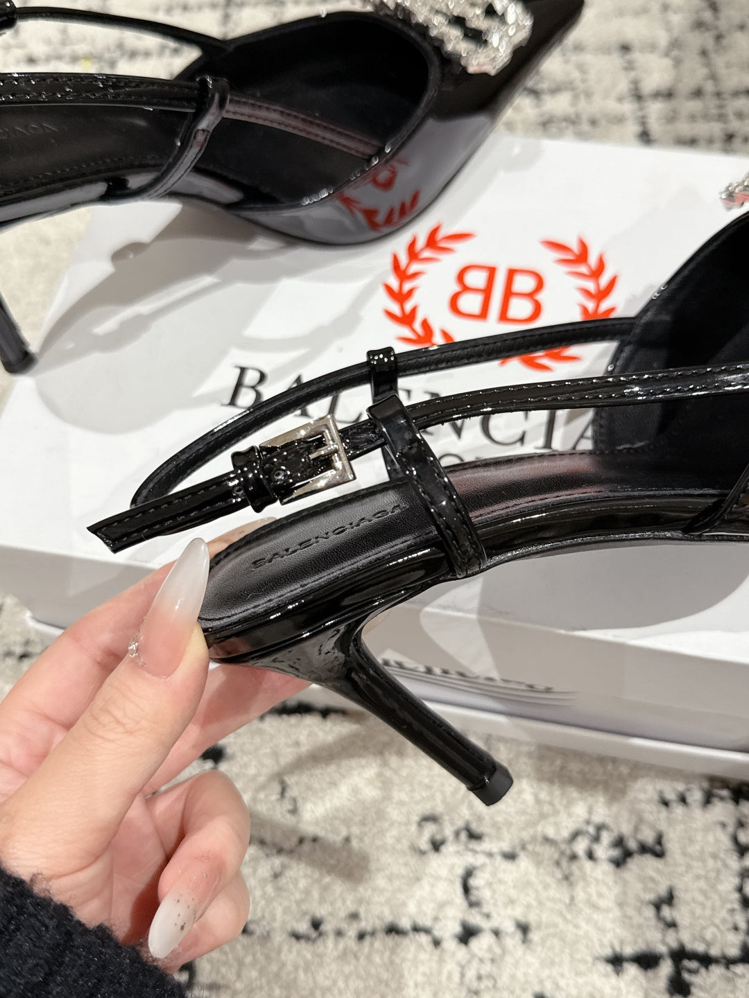 Balanciaga POINTED HIGH SLINGBACK IN BLACK PATENT CALFSKIN WITH CRYSTAL BUCKLE