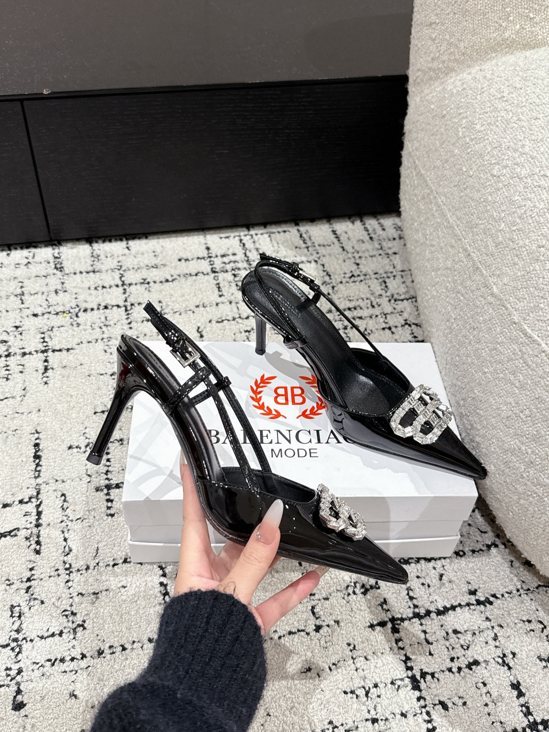 Balanciaga POINTED HIGH SLINGBACK IN BLACK PATENT CALFSKIN WITH CRYSTAL BUCKLE