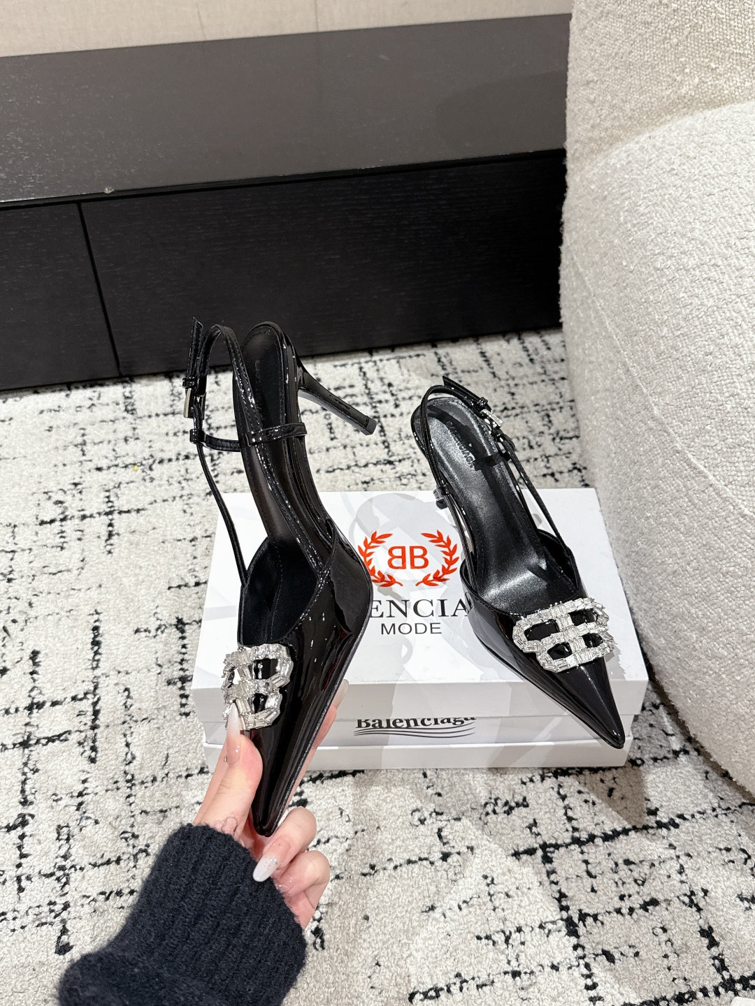 Balanciaga POINTED HIGH SLINGBACK IN BLACK PATENT CALFSKIN WITH CRYSTAL BUCKLE