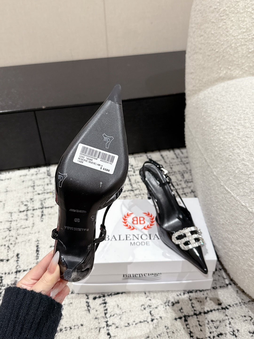 Balanciaga POINTED HIGH SLINGBACK IN BLACK PATENT CALFSKIN WITH CRYSTAL BUCKLE