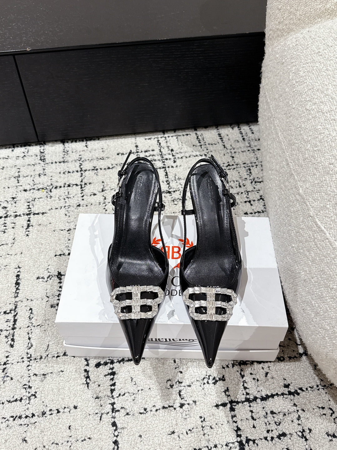 Balanciaga POINTED HIGH SLINGBACK IN BLACK PATENT CALFSKIN WITH CRYSTAL BUCKLE