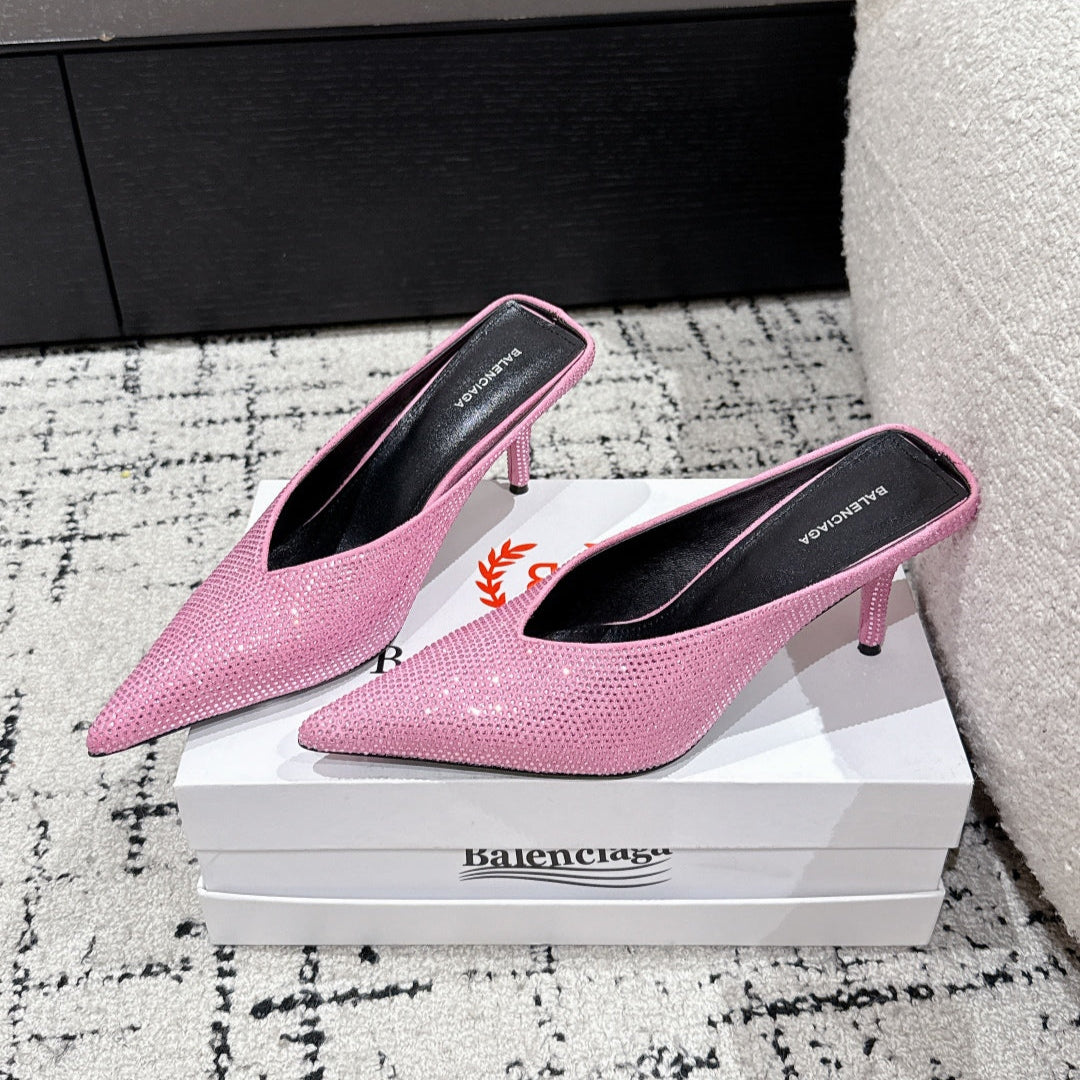 Balanciaga KNIFE 65MM HIGH MULE IN SHOCKING PINK SUEDE ATTACHED FULL CRYSTALS