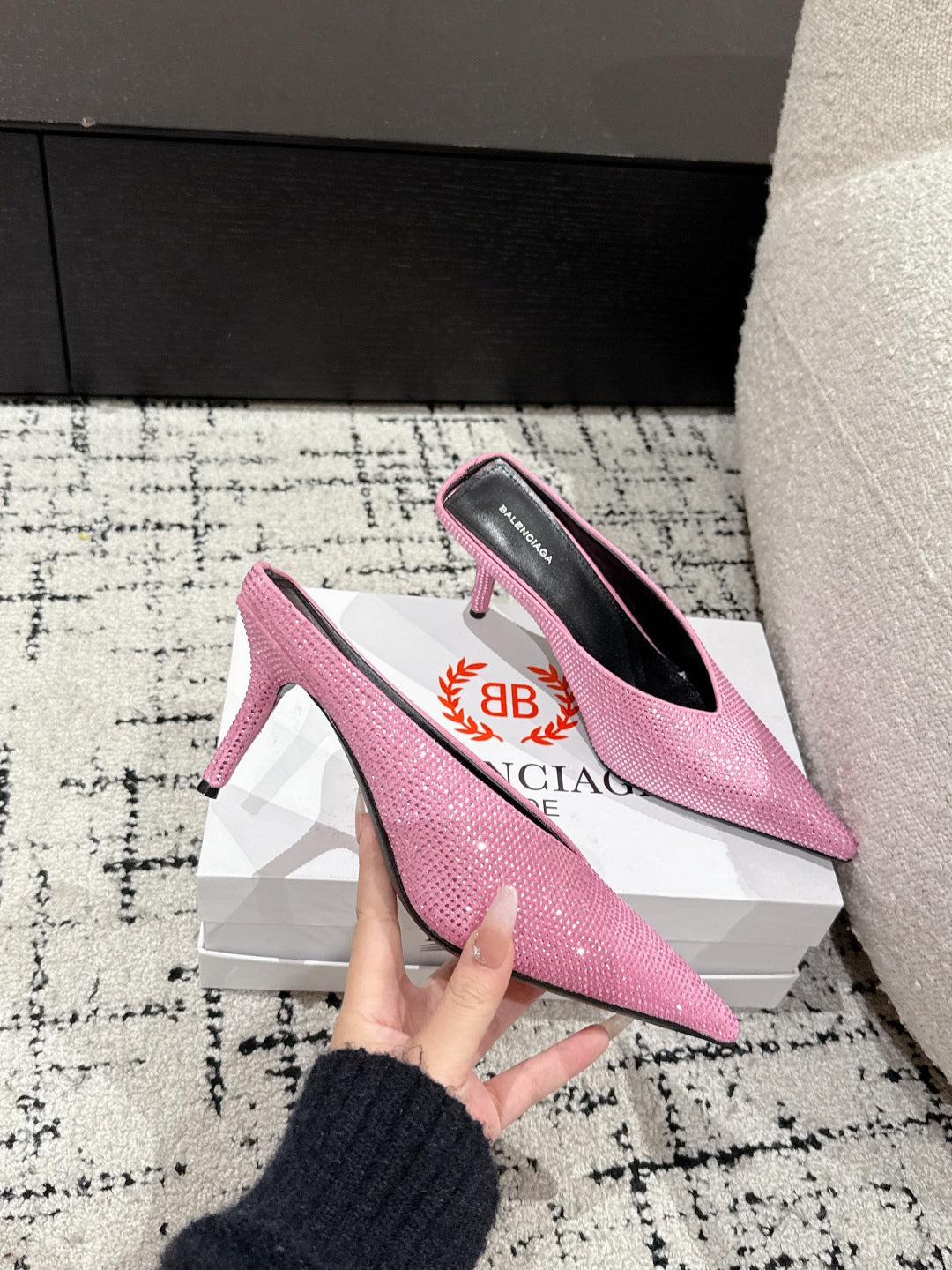 Balanciaga KNIFE 65MM HIGH MULE IN SHOCKING PINK SUEDE ATTACHED FULL CRYSTALS