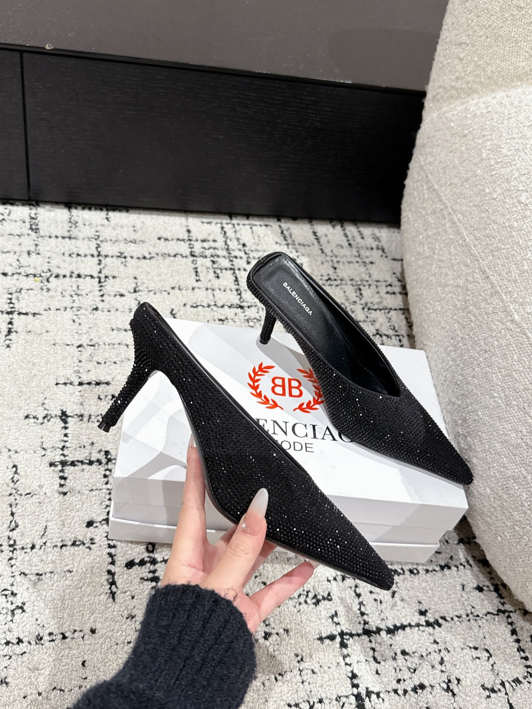 Balanciaga KNIFE 65MM HIGH MULE IN BLACK SUEDE ATTACHED FULL CRYSTALS