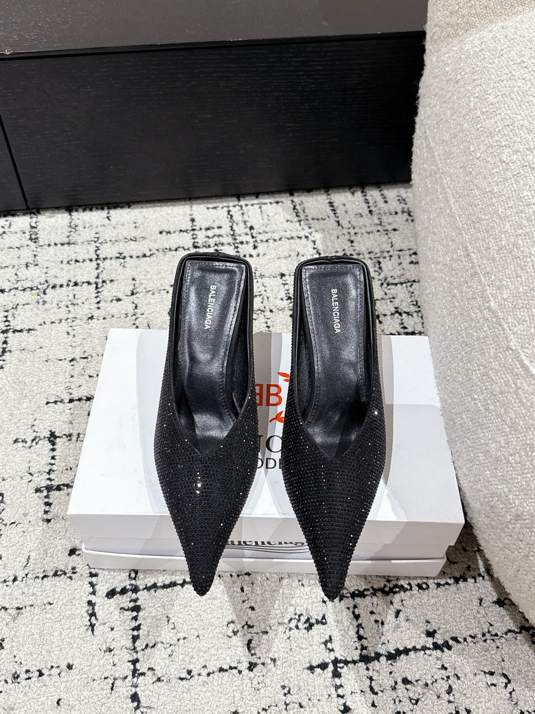 Balanciaga KNIFE 65MM HIGH MULE IN BLACK SUEDE ATTACHED FULL CRYSTALS