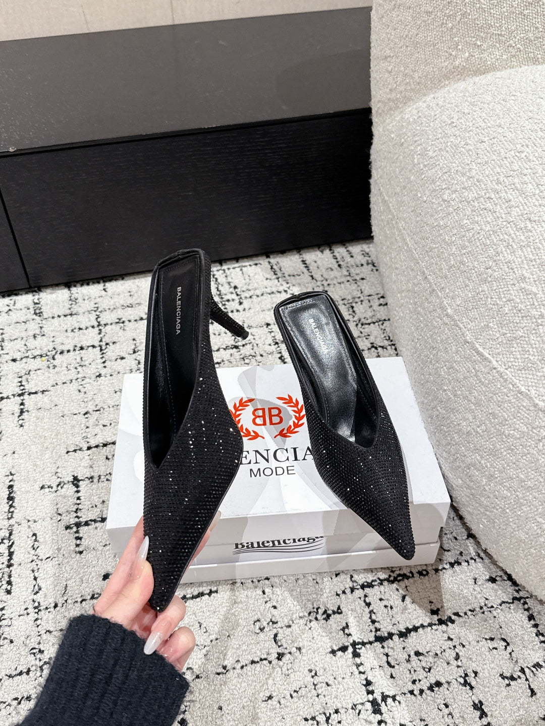 Balanciaga KNIFE 65MM HIGH MULE IN BLACK SUEDE ATTACHED FULL CRYSTALS