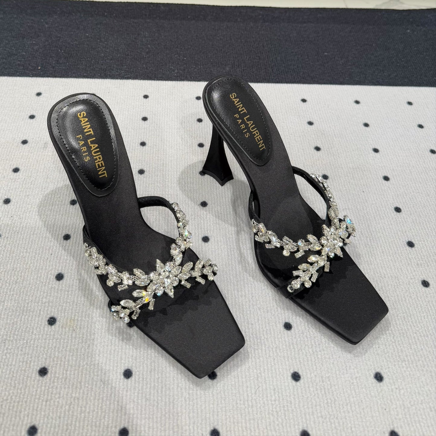 Saint Laurent HIGH RHINESTONE CROSS STRAP MULES IN BLACK SILK