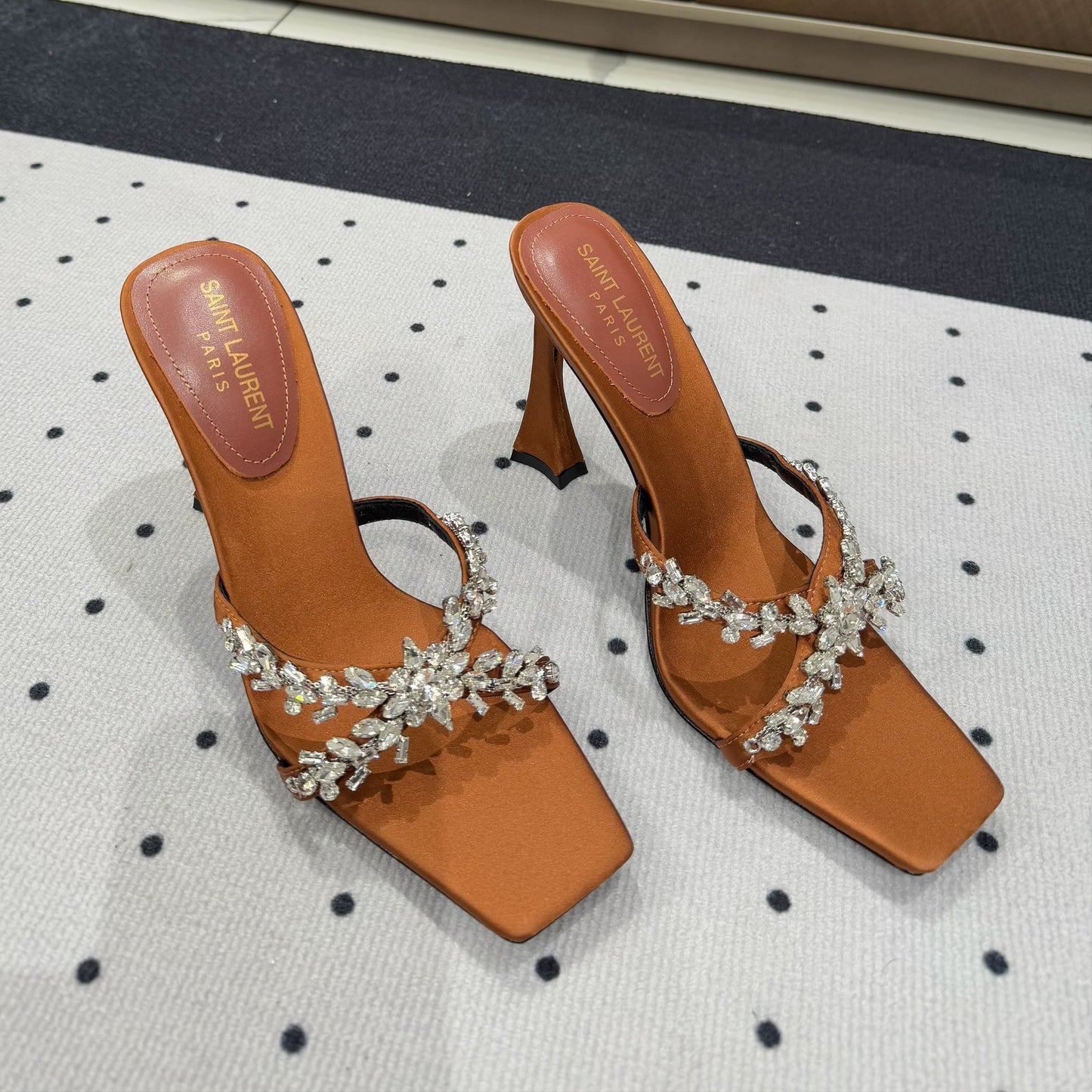 Saint Laurent HIGH RHINESTONE CROSS STRAP MULES IN BRONZE BROWN SILK