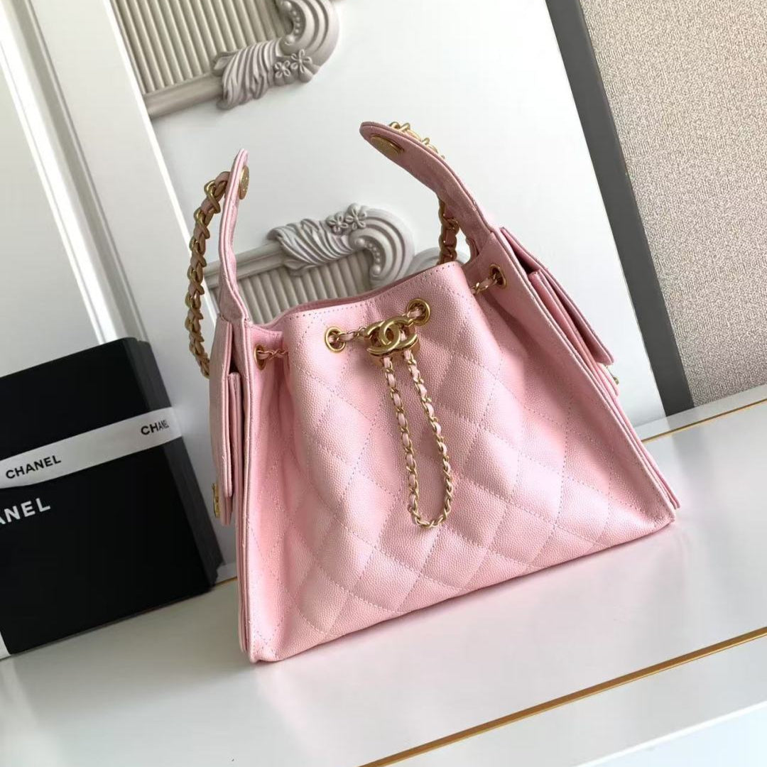 CHANEL 25C Hobo Bag 30cm Pink Grained Calfskin
