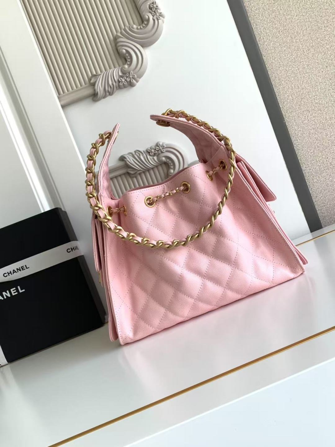 CHANEL 25C Hobo Bag 30cm Pink Grained Calfskin