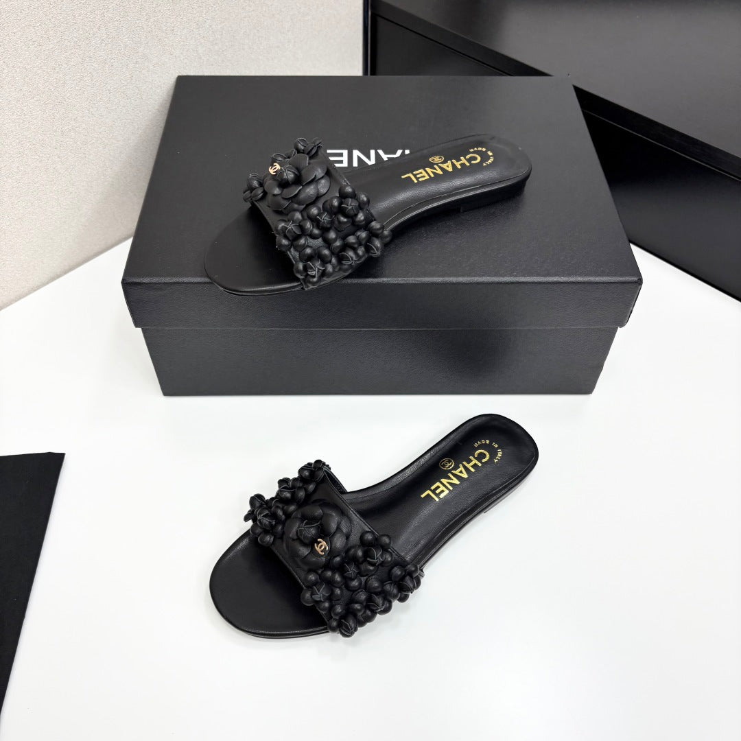CHANEL 25C Mules Flower Black Calfskin