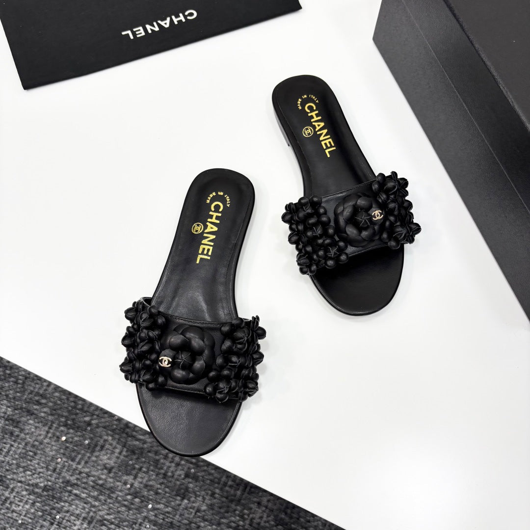 CHANEL 25C Mules Flower Black Calfskin