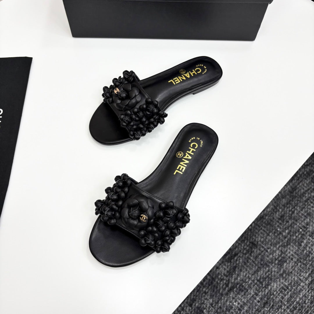 CHANEL 25C Mules Flower Black Calfskin
