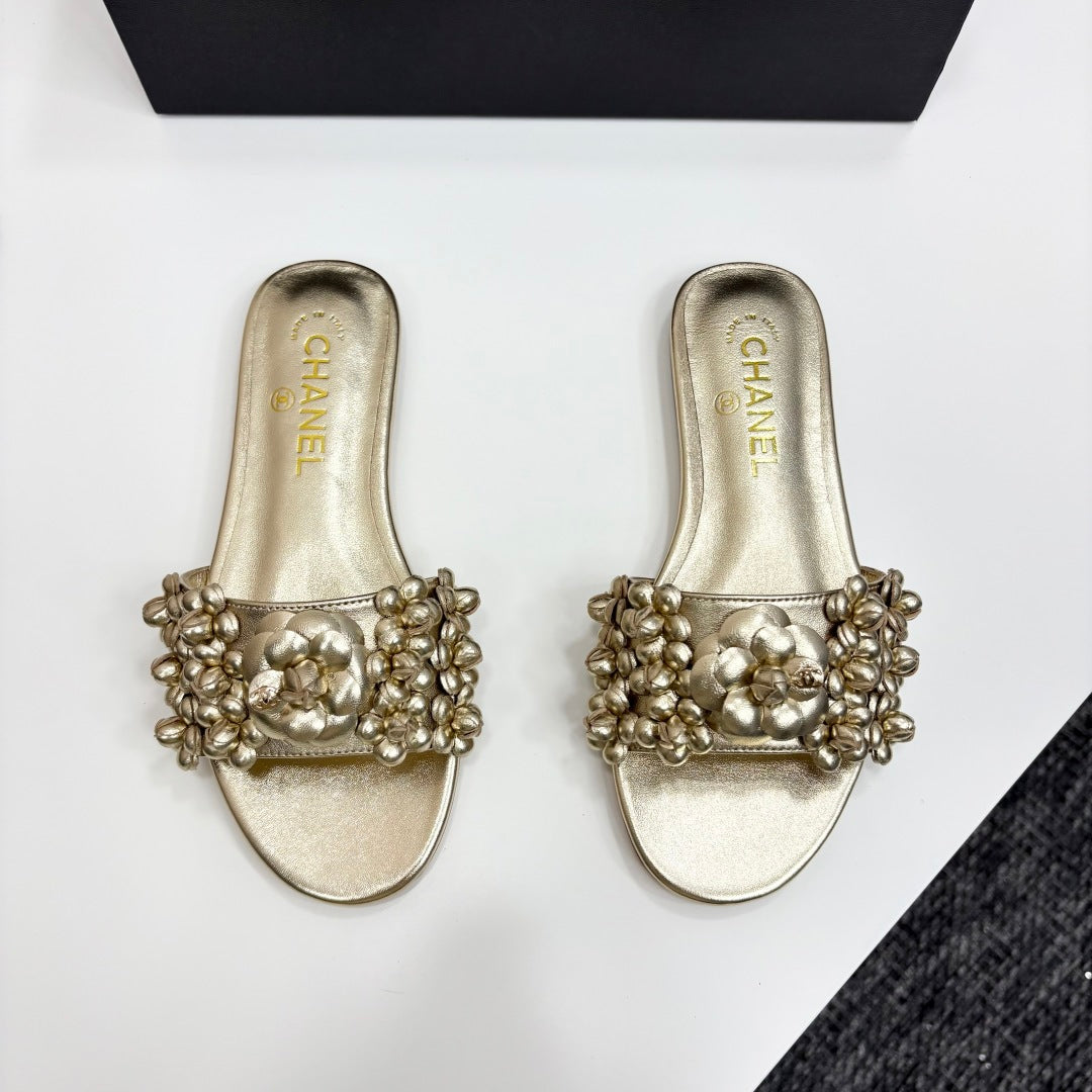 CHANEL 25C Mules Flower Gold Metalic Calfskin