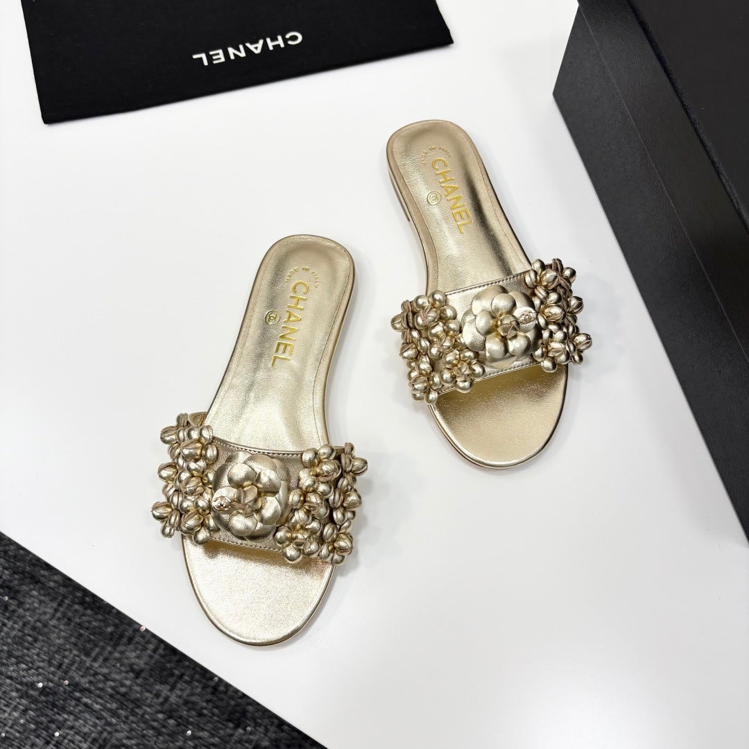 CHANEL 25C Mules Flower Gold Metalic Calfskin
