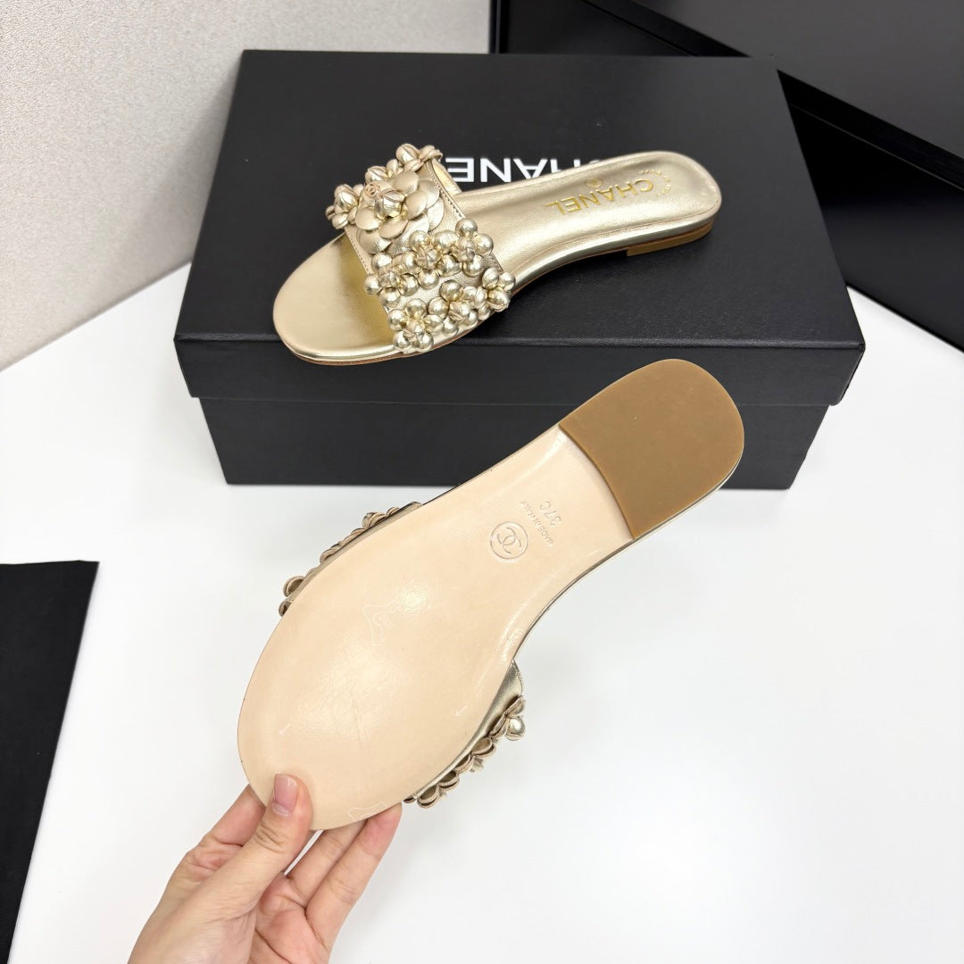 CHANEL 25C Mules Flower Gold Metalic Calfskin