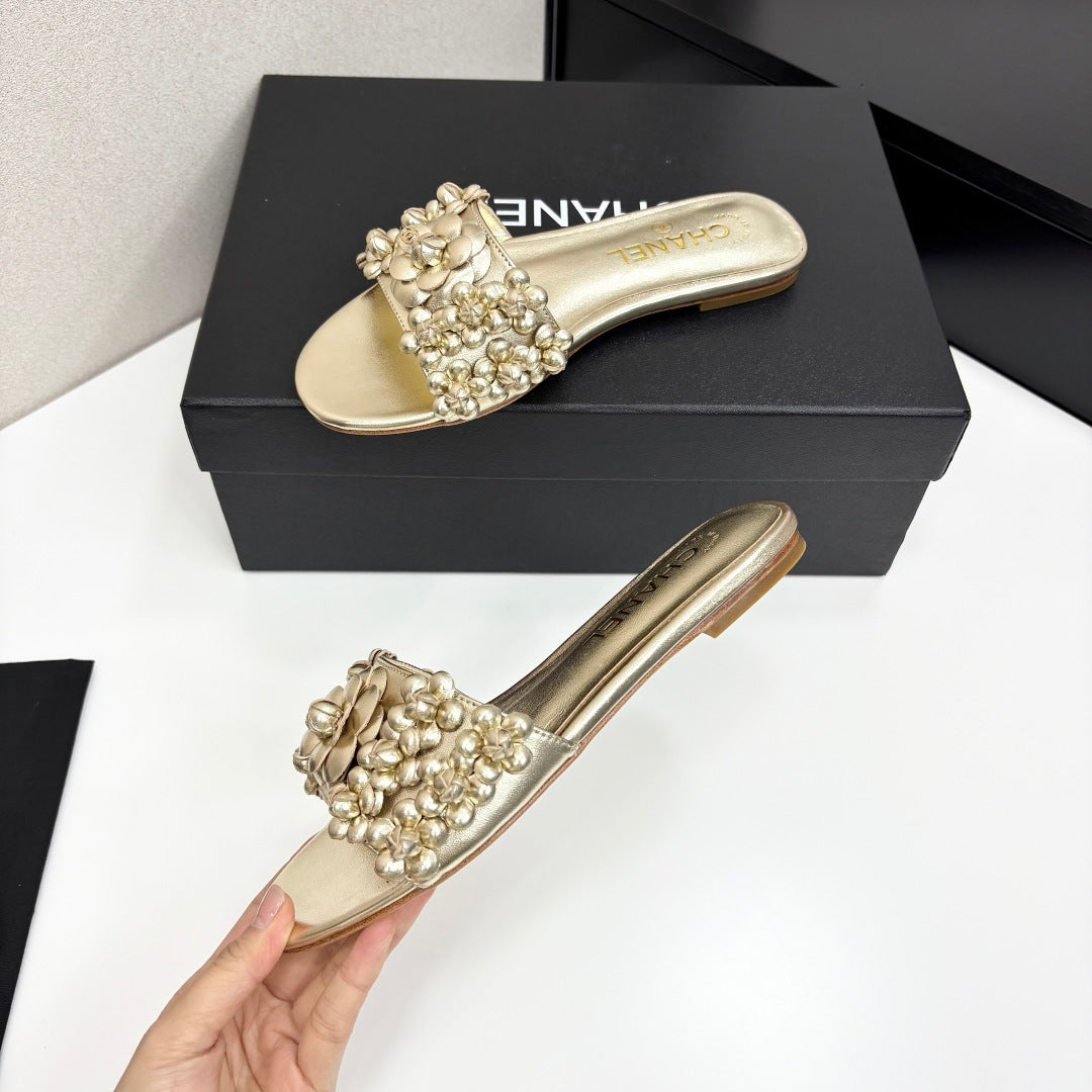 CHANEL 25C Mules Flower Gold Metalic Calfskin