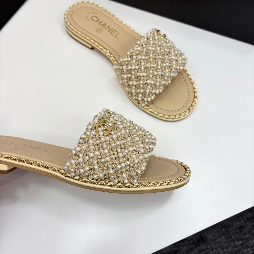 CHANEL 25  Mules Flat Pearl Cord and Lambskin 270770