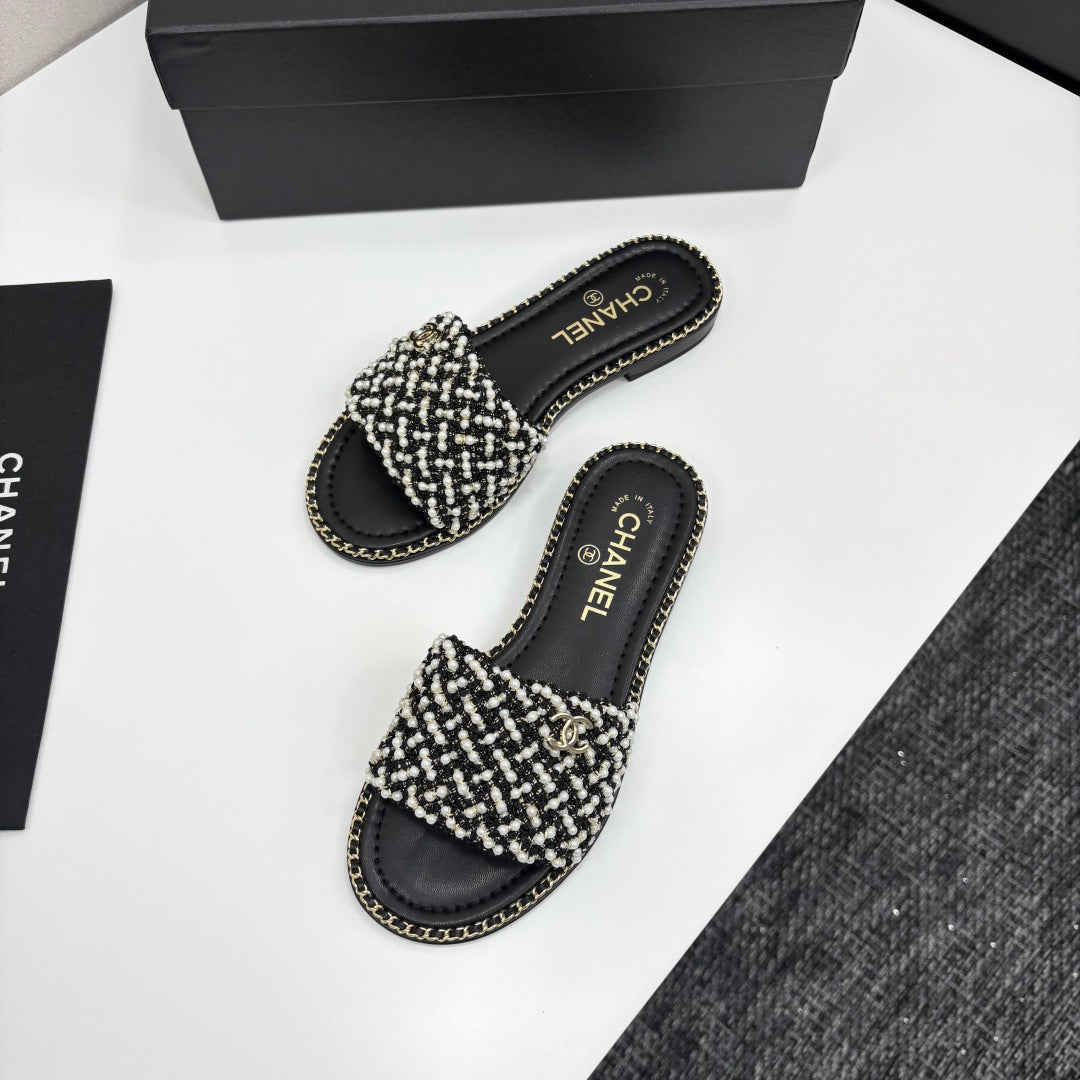 CHANEL 25  Mules Flat Pearl Cord and Lambskin 270770