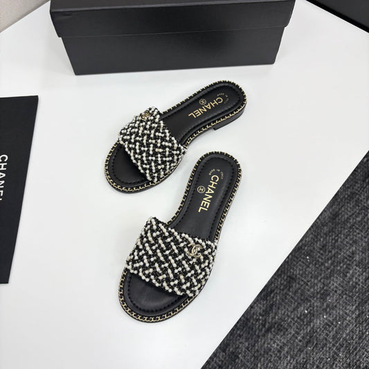 CHANEL 25  Mules Flat Pearl Cord and Lambskin 270770