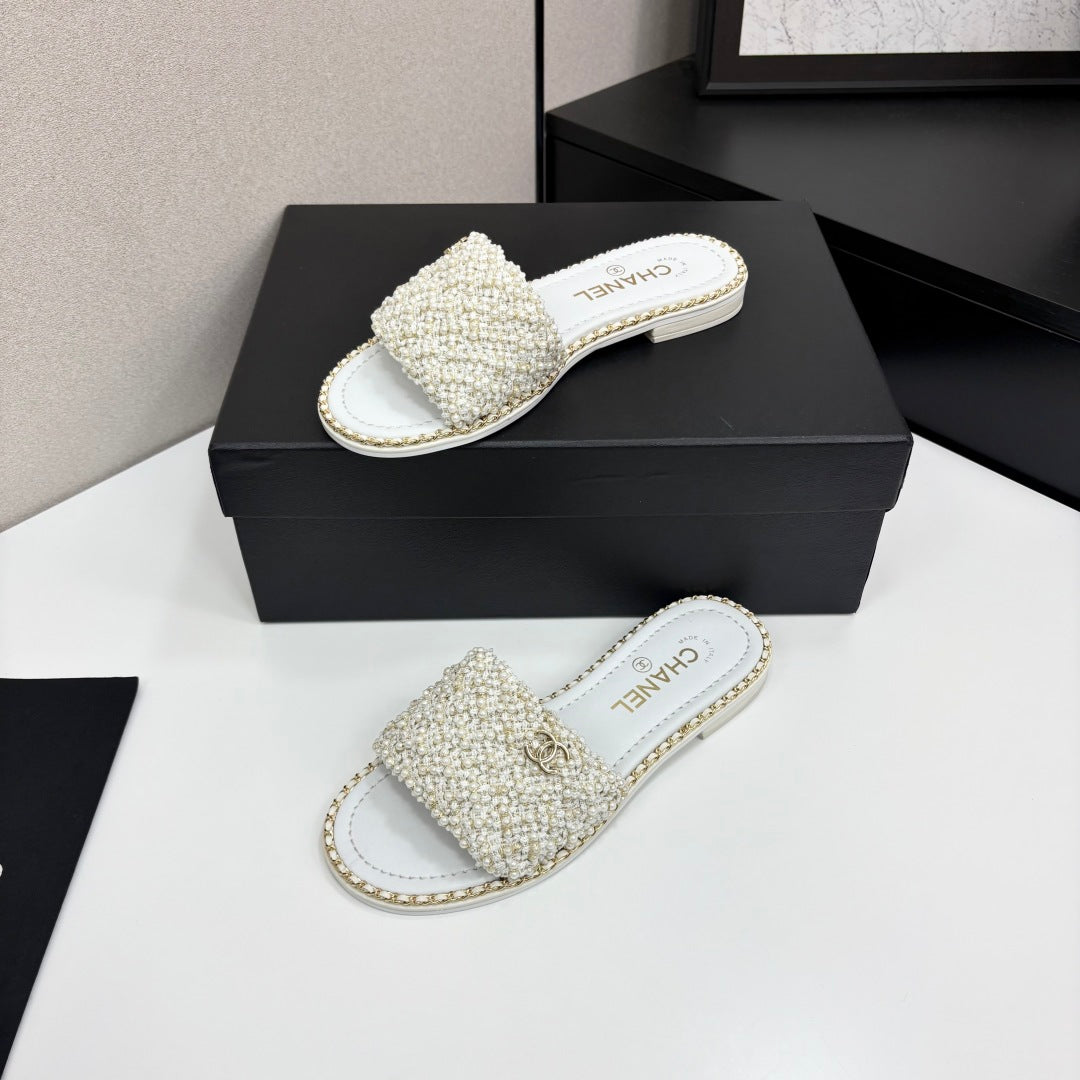 CHANEL 25  Mules Flat Pearl Cord and Lambskin 270770