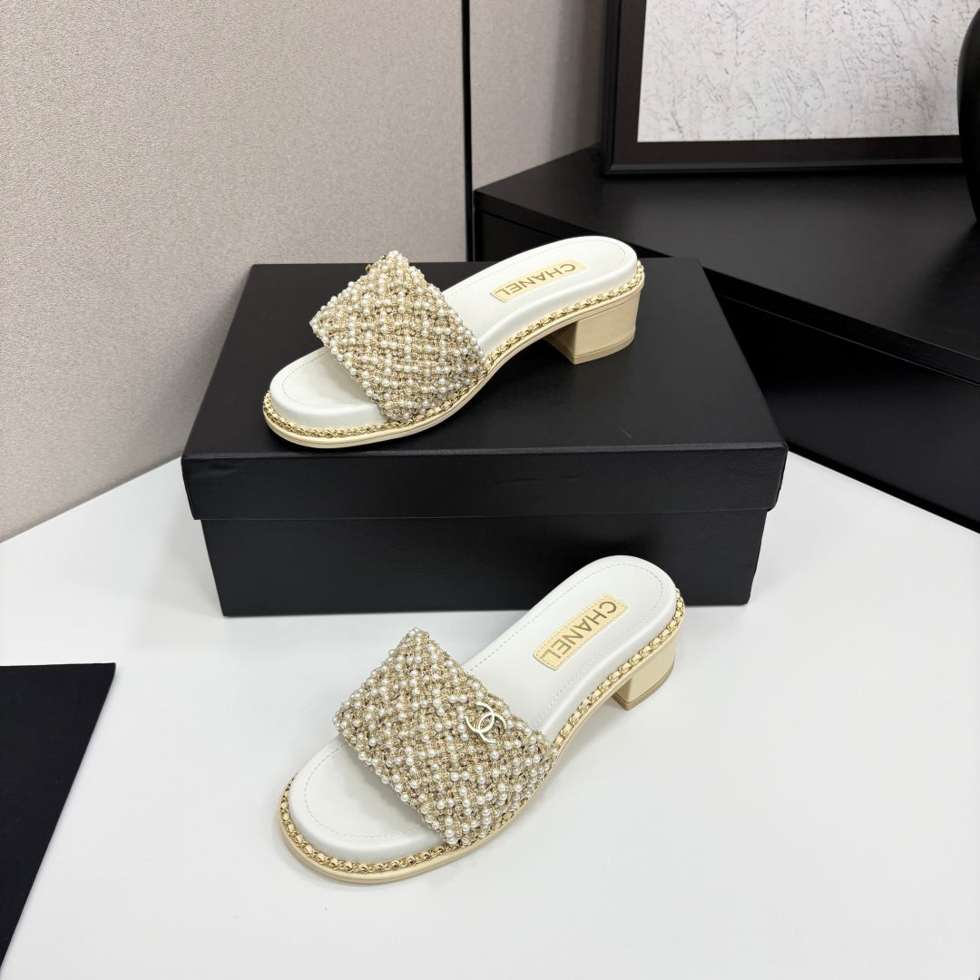 CHANEL 25 Mid Heel Mules Pearl Cord and Lambskin 270775