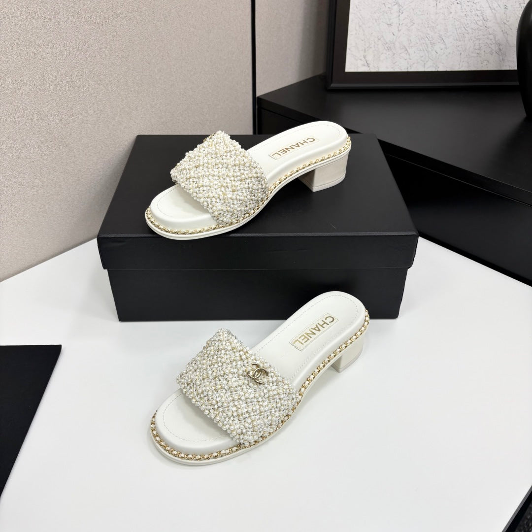 CHANEL 25 Mid Heel Mules Pearl Cord and Lambskin 270775
