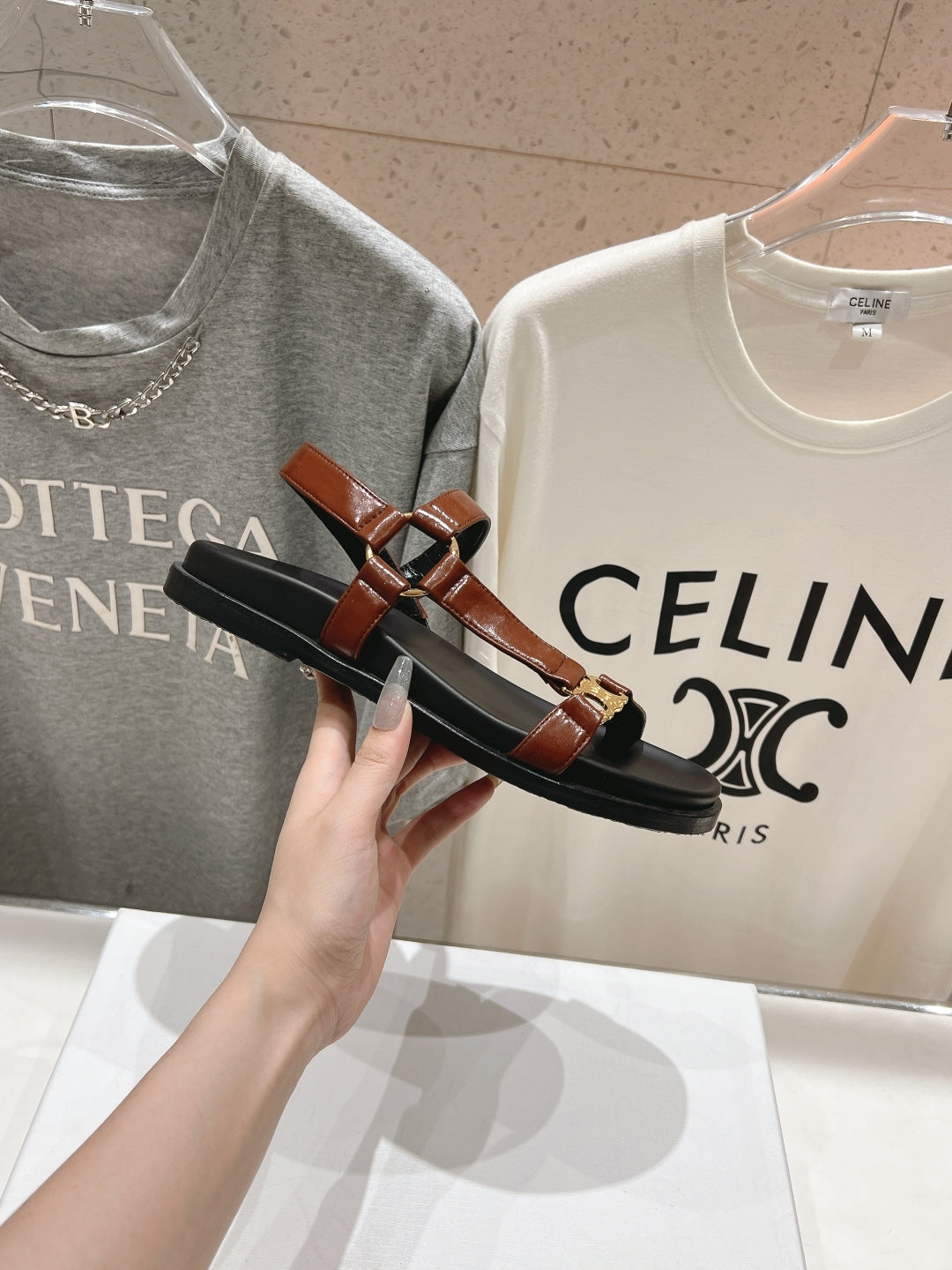 Celine CELINE MAUD SANDAL WITH TRIOMPHE DEEP BROWN COWHIDE 236756