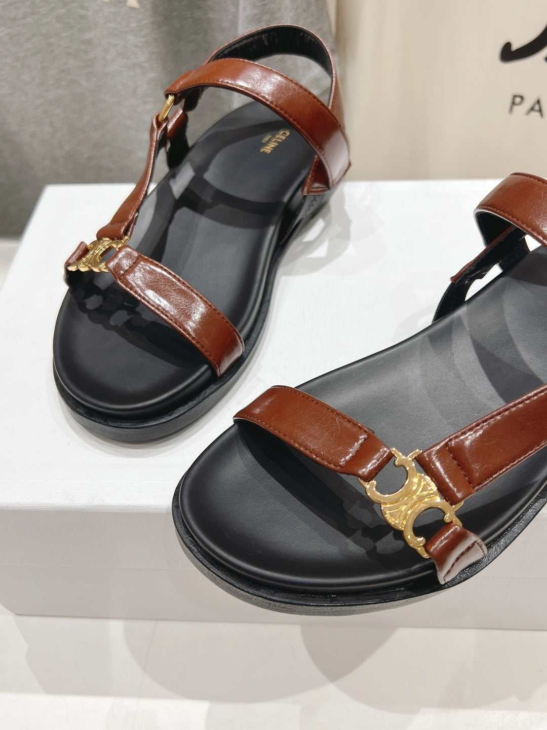 Celine CELINE MAUD SANDAL WITH TRIOMPHE DEEP BROWN COWHIDE 236756