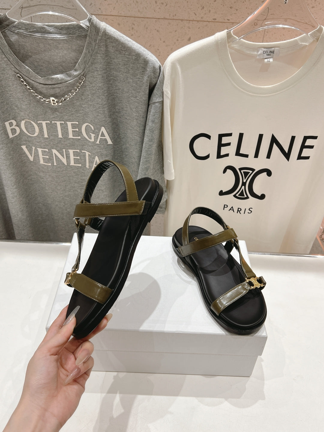 Celine CELINE MAUD SANDAL WITH TRIOMPHE ARMY GREEN COWHIDE 236757