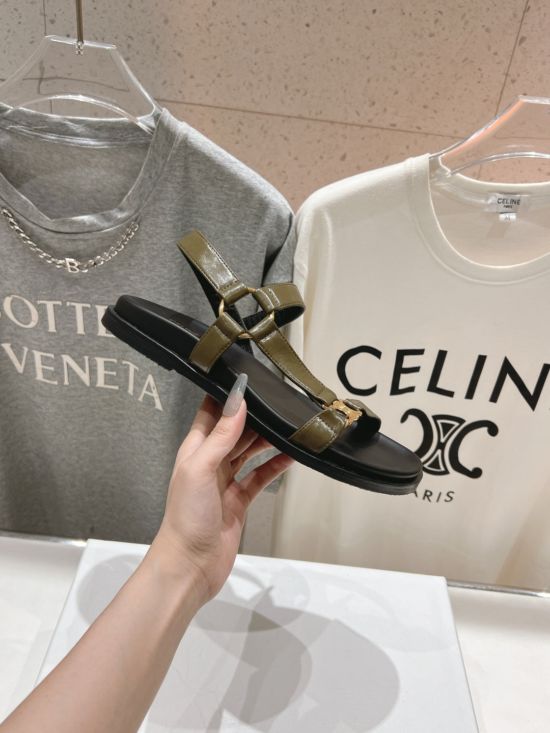Celine CELINE MAUD SANDAL WITH TRIOMPHE ARMY GREEN COWHIDE 236757