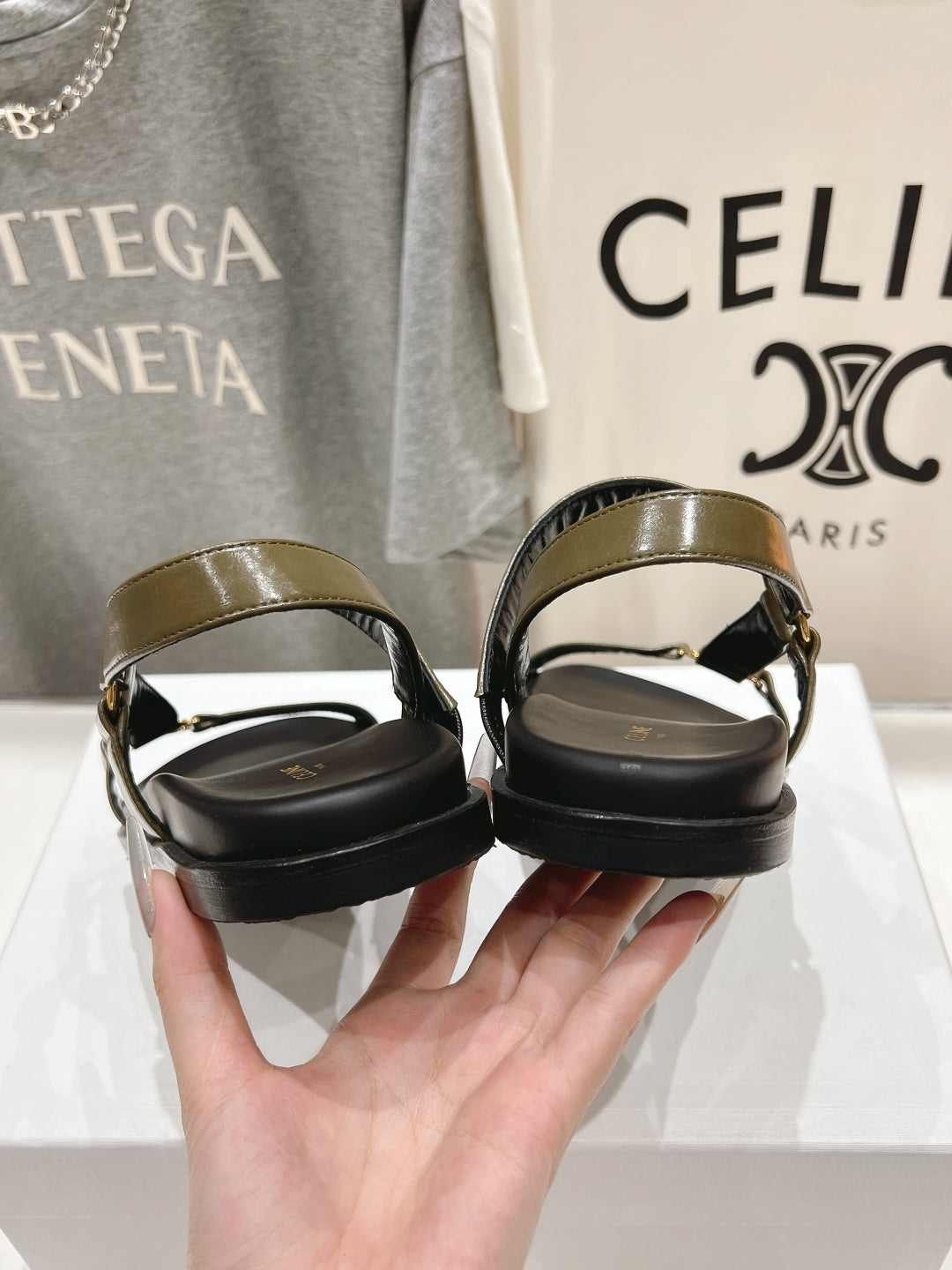 Celine CELINE MAUD SANDAL WITH TRIOMPHE ARMY GREEN COWHIDE 236757