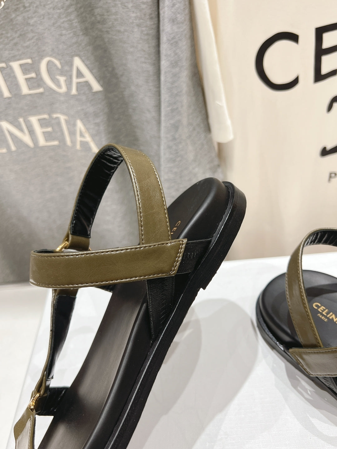 Celine CELINE MAUD SANDAL WITH TRIOMPHE ARMY GREEN COWHIDE 236757