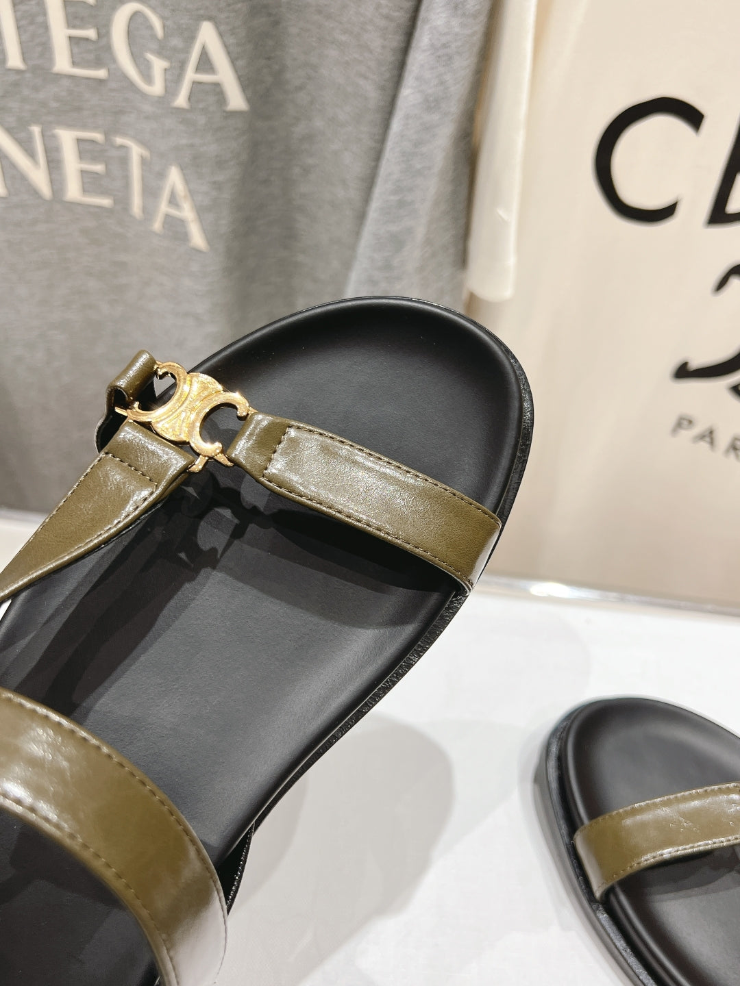 Celine CELINE MAUD SANDAL WITH TRIOMPHE ARMY GREEN COWHIDE 236757