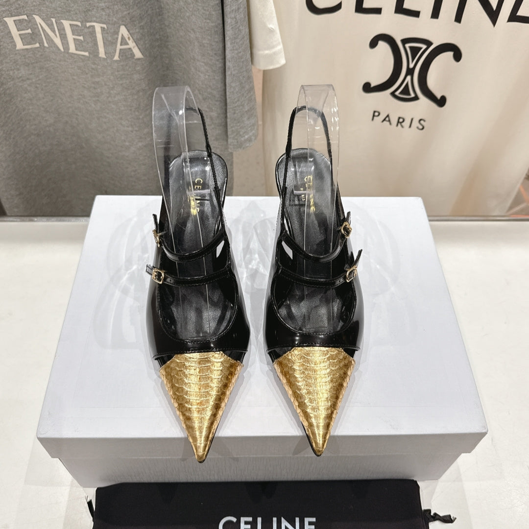 Celine Celine 25C Judy Double Strap Mary Jane Slingback Black mix Gold Sheepskin 236775