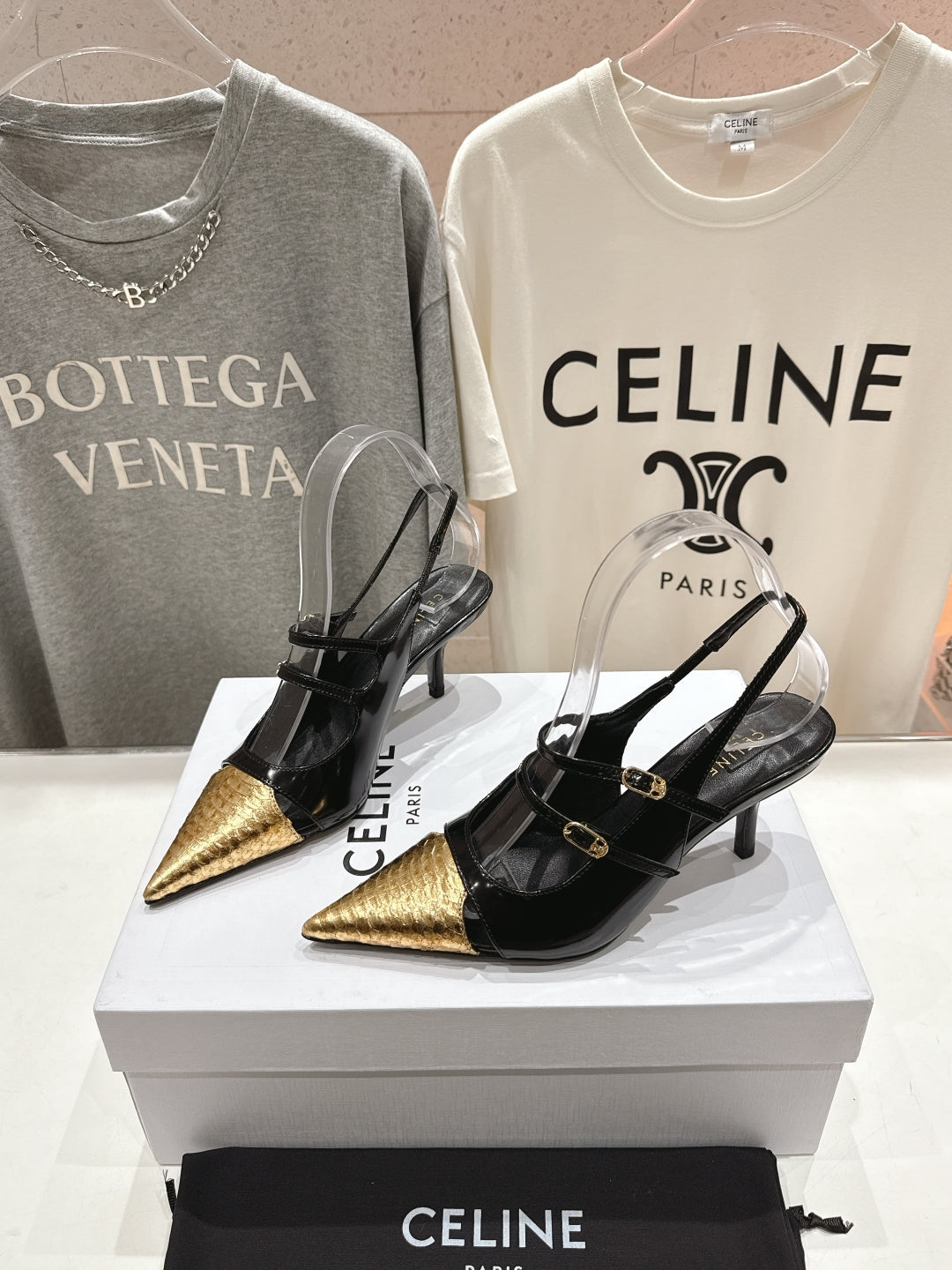 Celine Celine 25C Judy Double Strap Mary Jane Slingback Black mix Gold Sheepskin 236775