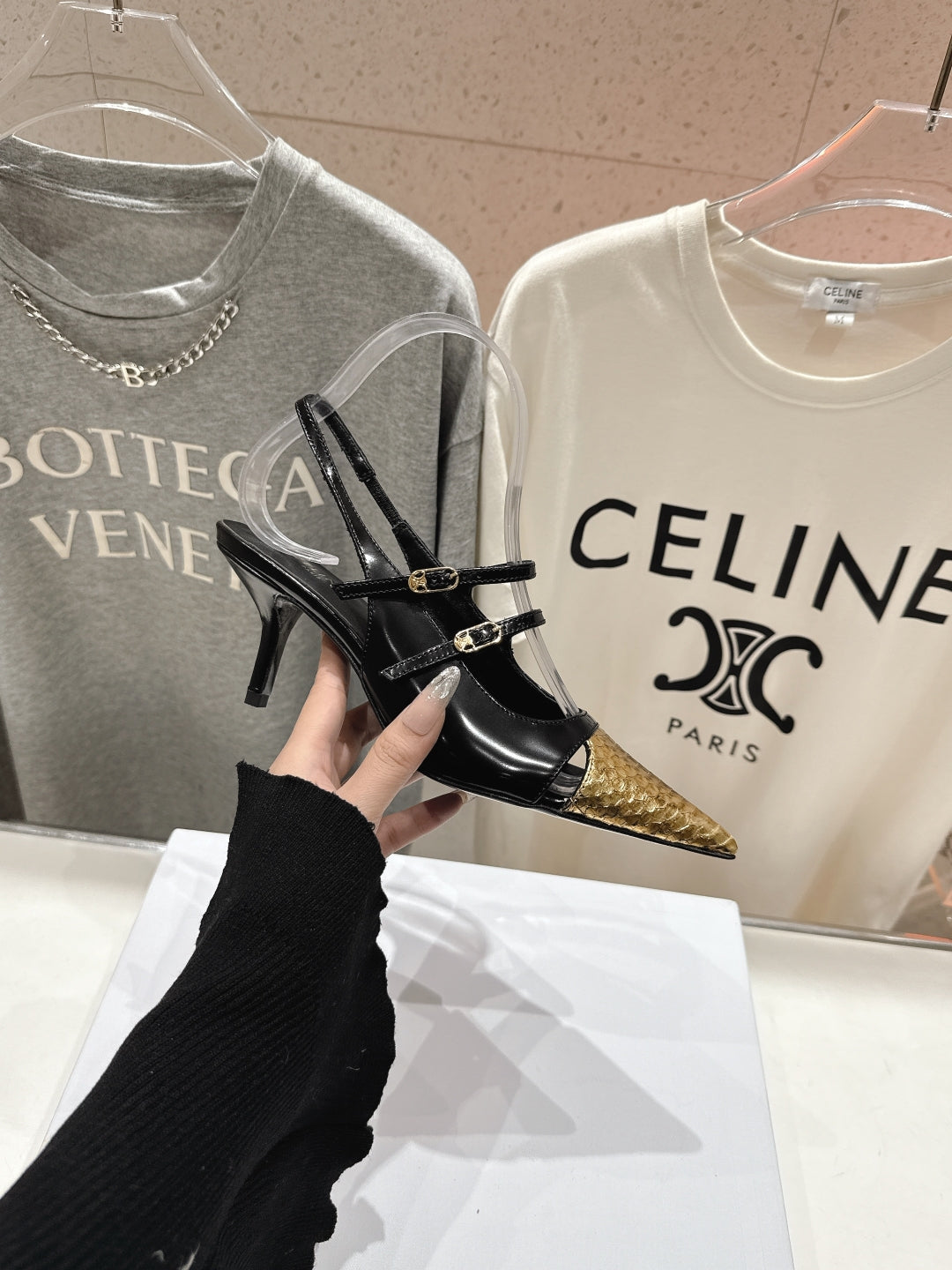 Celine Celine 25C Judy Double Strap Mary Jane Slingback Black mix Gold Sheepskin 236775