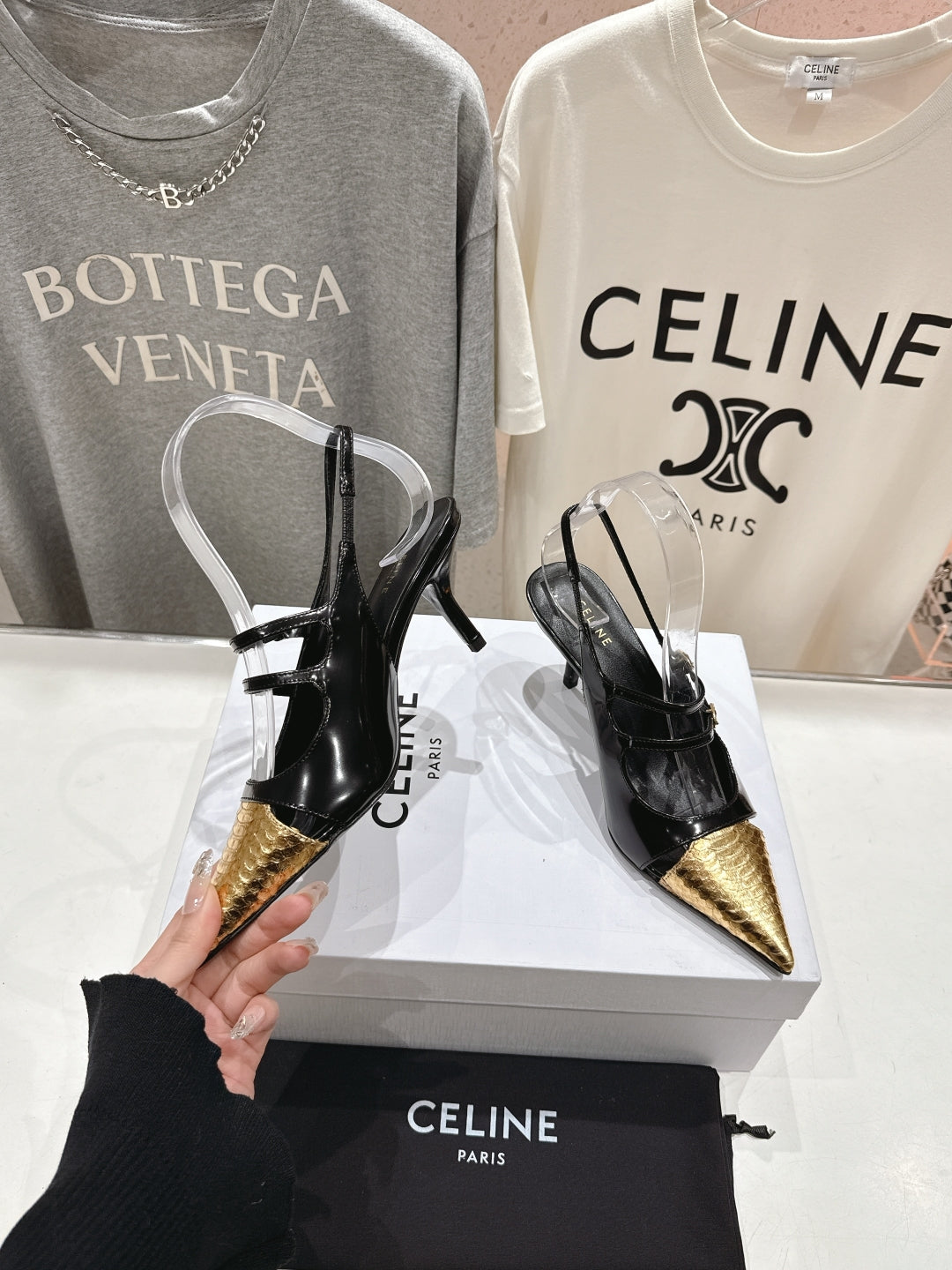 Celine Celine 25C Judy Double Strap Mary Jane Slingback Black mix Gold Sheepskin 236775